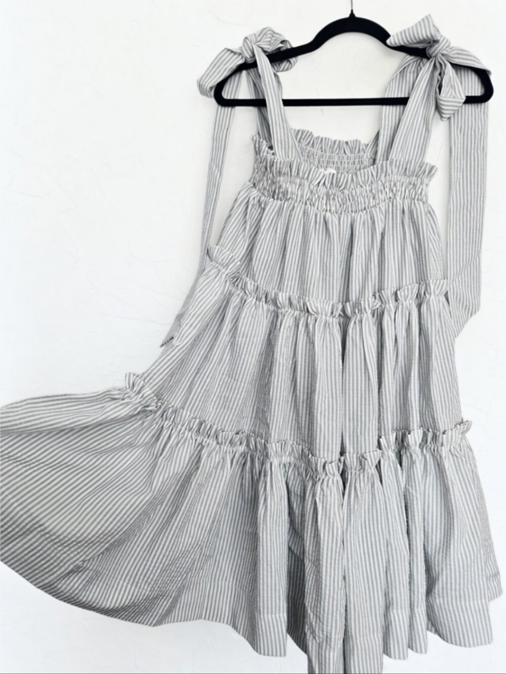 Mable Tiered Seersucker Green White Tied Strap Dress, S